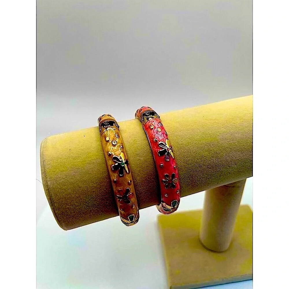 Vintage Beaded Necklace & Floral Enamel Bangle Set Crystal Pink Peach Cream N60 - Picture 2 of 7